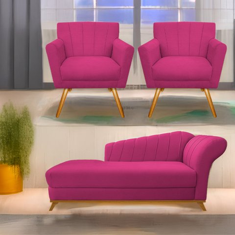 Kit Diva Recamier Vanessa 140cm Lado Esquerdo e 02 Poltronas Laura Suede - Doce Sonho Móveis RECAMIE