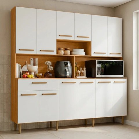 Armário de Cozinha 12 Portas 1 Gaveta com Nichos Clarice Yescasa Freijó/Off White