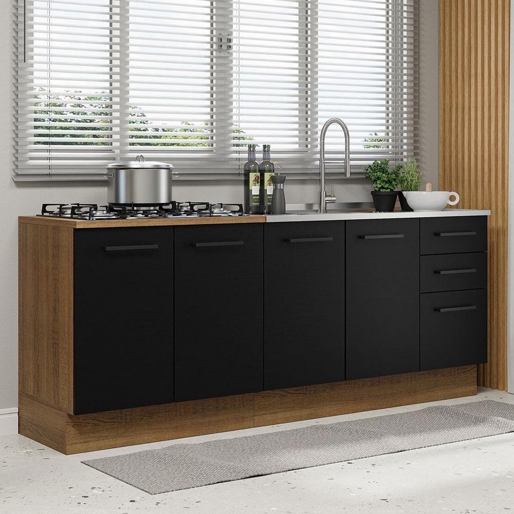 Kit com 2 Balcões de Cozinha Madesa Agata 3 Gavetas 4 Portas (Sem Tampo e Pia) Rustic/Preto