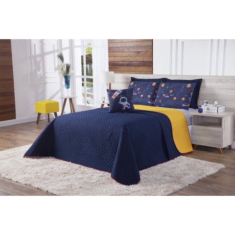 kit cobre leito astronauta casal queen 7 pçs azul e amarelo