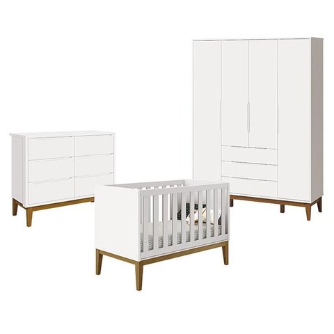 Berço Americano New Classic com Cômoda Classic e Guarda Roupa Classic Elfe Branco Acetinado com Pés 