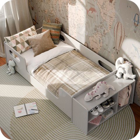Mini Cama Infantil Montessoriana Aconchego com Nicho Cinza