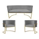 Ver imagem 1 de Kit Namoradeira + 2 Poltronas Decorativa Luana Suede Cinza Base Dourarada Ms Decor