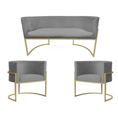 Kit Namoradeira + 2 Poltronas Decorativa Luana Suede Cinza Base Dourarada Ms Decor