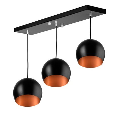 Lustre Pendente Bola Triplo Base Retangular Preto/Cobre