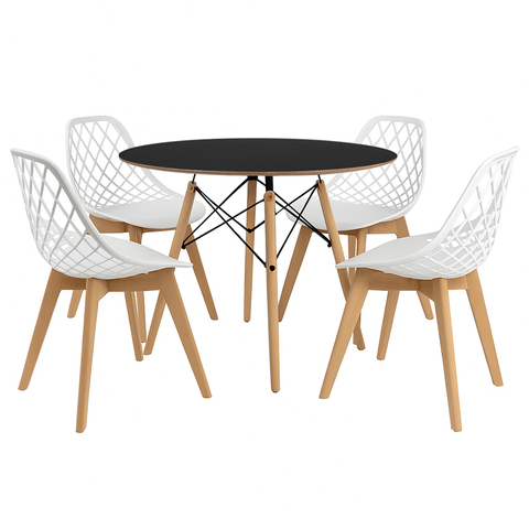 Kit Mesa Redonda Chanfrada Eames 90cm Preta com 4 Cadeiras Kaila Wood Branca - La Mobilia