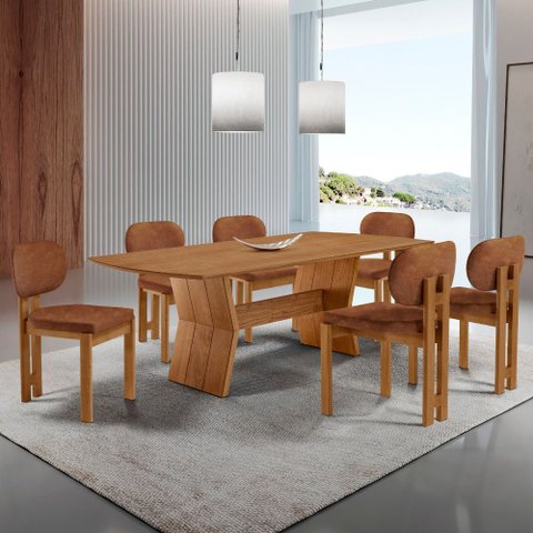 Sala de Jantar Mesa Portugal 180cm Tampo Laminado Barril e 6 Cadeiras Nala Moderna Mobília