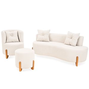 Kit Decorativo Sofá Curvo Orgânico + 01 Puff e Poltrona Luna Boucle Branco - Montanaris Decor
