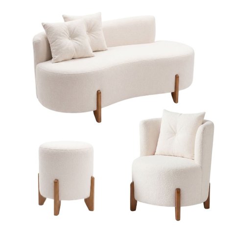 Kit Decorativo Sofá Curvo Orgânico + 01 Puff e Poltrona Luna Boucle Branco - Montanaris Decor
