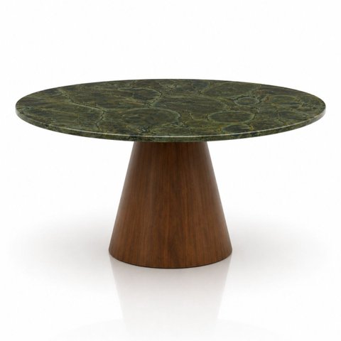Mesa de Jantar Cone Redonda 120 cm Tampo Mármore Verde Vitória Régia Base Madeira Nogueira