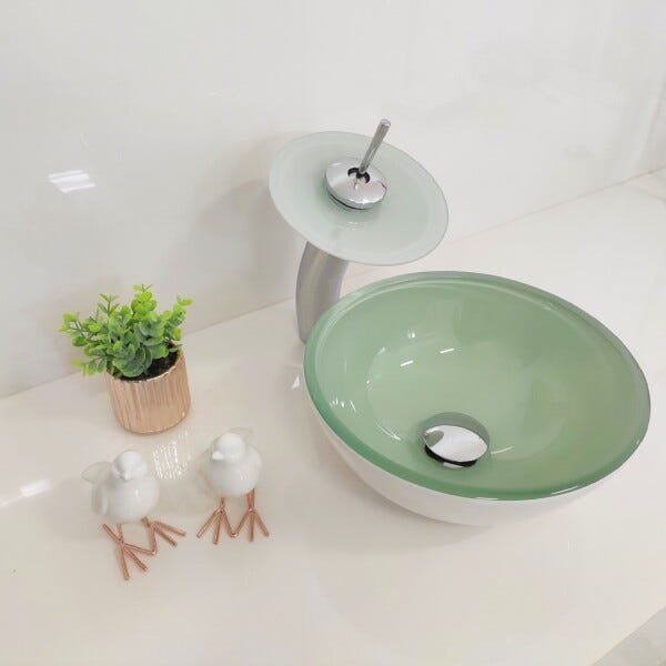 Cuba de Apoio Vidro 30cm + Torneira Cascata + Válvula Click Kit Banheiro Branco - 1