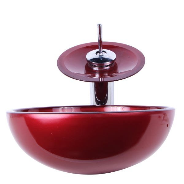 Cuba de Apoio 30cm Vinho + Torneira Cascata + Válvula para Banheiro - 1