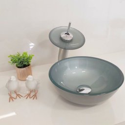 Cuba de Apoio 30cm Prata + Torneira Cascata + Válvula para Banheiro - 1
