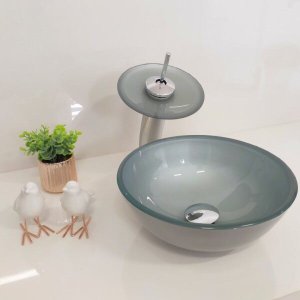 Cuba de Apoio 30cm Prata + Torneira Cascata + Válvula para Banheiro