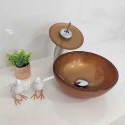 Cuba de Apoio 30cm Dourada + Torneira Cascata + Válvula para Banheiro - 1
