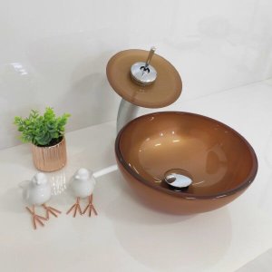 Cuba de Apoio 30cm Dourada + Torneira Cascata + Válvula para Banheiro