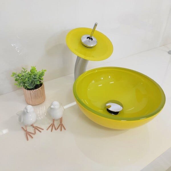 Cuba de Apoio 30cm Amarela + Torneira Cascata + Válvula para Banheiro - 1