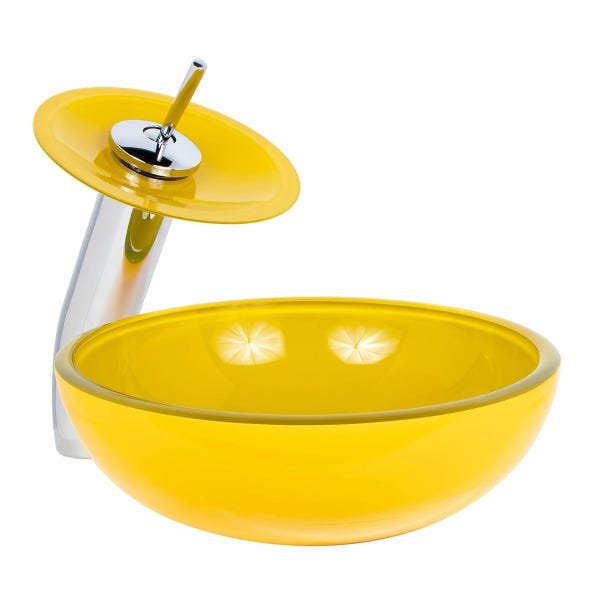 Cuba de Apoio 30cm Amarela + Torneira Cascata + Válvula para Banheiro - 2
