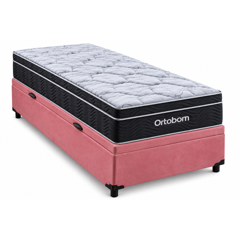 Cama Box Baú Solteiro Suede Rose + Colchão Ortobom Elegant Superpock