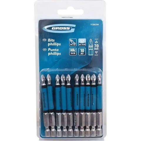 Kit de Bits Phillips 70 mm Gross Ponta com Ranhuras PH2 1/4 Pol - 10 Peças