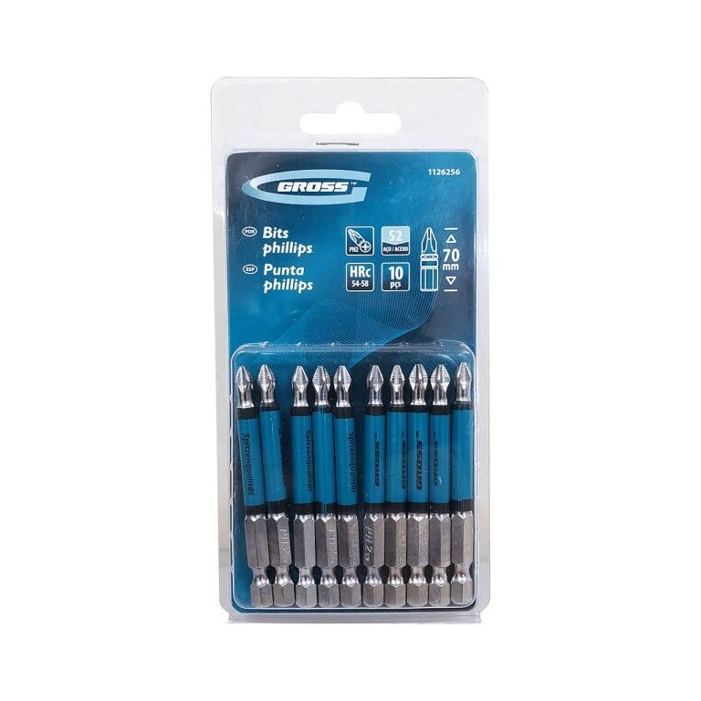 Kit de Bits Phillips 70 mm Gross Ponta com Ranhuras PH2 1/4 Pol - 10 Peças