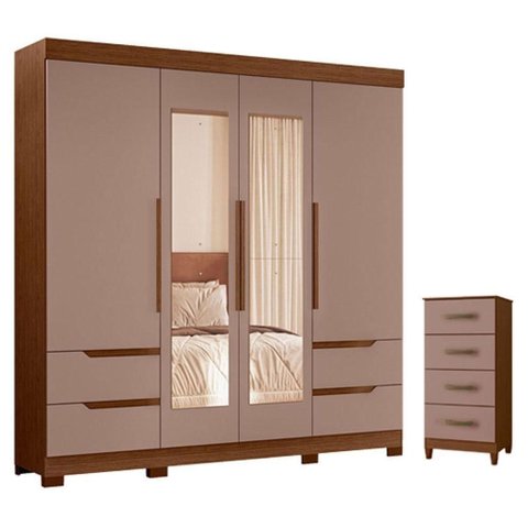 Guarda Roupa Solteiro com Cômoda Vivacce 4 Portas de Bater 4 Gavetas MDP Nogueira Capuccino
