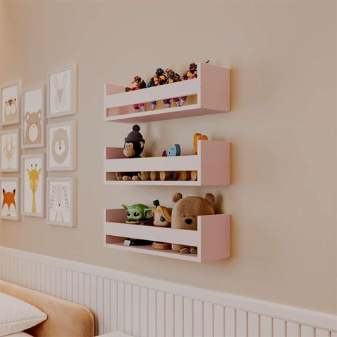 Kit 3 Prateleiras Porta Brinquedos Rosa 70 X 12cm Suporte Invisivel