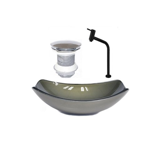 CUBA DE VIDRO OVAL CHANFRADA 51CM OURO ENVELHECIDO + VALVULA + TORNEIRA PRETA