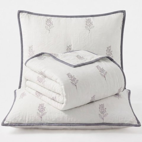 Kit Cobre Leito Charme Casal Percal 300 Fios Colcha Bordado Floral Localizado 3 Peças Cinza