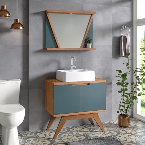 Conjunto de Banheiro Berton Onix 0,80cm Cinamomo/azul Petróleo Liso