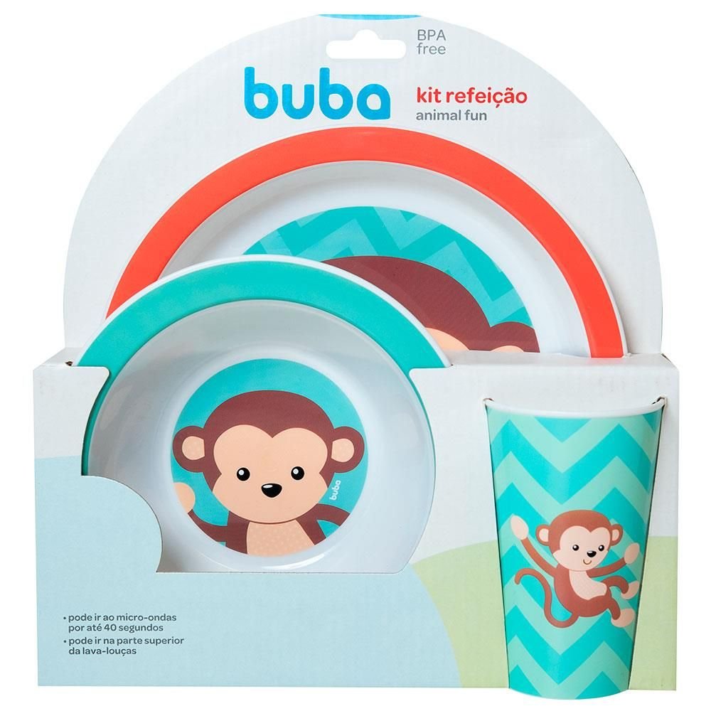 Kit Refeição Pratos Copo Infantil Buba 3pç Resistente Quedas:Macaco
