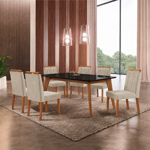 Conjunto Sala de Jantar Mesa Paris Madeira Maciça 180x90cm Tampo Retângular Vidro Preto com 6 Cadeir