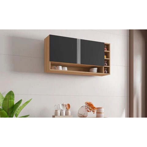 Armário Aéreo P/ Cozinha Vanessa 105cm Amêndoa/preto 2 Portas - Ajl Móveis