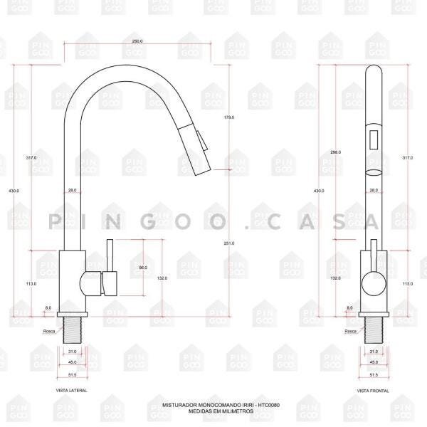 Torneira para cozinha gourmet Misturador Monocomando em Aço Inox Escovado Iriri Pingoo.casa - - 5