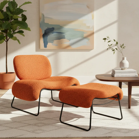 Kit Poltrona e Puff Calm Versátil Boucle Zahav Estofados:bouclé Terra Cota