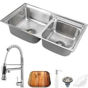 Cuba para cozinha gourmet pia dupla aço inox com acessórios e tábua de corte Ticunas e Torneira