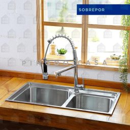 Cuba para cozinha gourmet pia dupla aço inox com acessórios e tábua de corte Ticunas e Torneira - 3