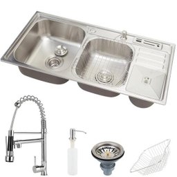 Pia para Cozinha Cuba Dupla em Aço Inox com acessórios lixeira Nukini e Torneira Gourmet - 1