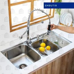 Pia para Cozinha Cuba Dupla em Aço Inox com acessórios lixeira Nukini e Torneira Gourmet - 2