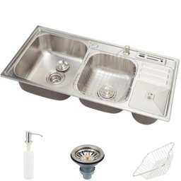 Cuba para cozinha pia dupla em aço inox com acessórios e lixeira Nukini PIngoo.casa - 1