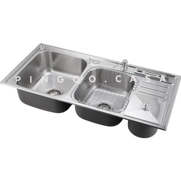 Cuba para cozinha pia dupla em aço inox com acessórios com lixeira Caiapós e Torneira Gourmet - 5
