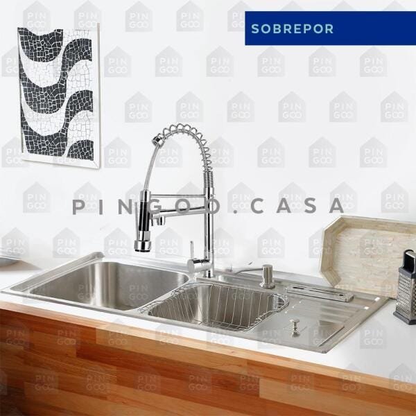 Cuba para cozinha pia dupla em aço inox com acessórios com lixeira Caiapós e Torneira Gourmet - 2