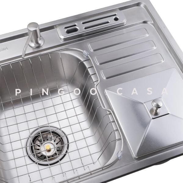 Cuba para cozinha pia dupla em aço inox com acessórios com lixeira Caiapós e Torneira Gourmet - 4