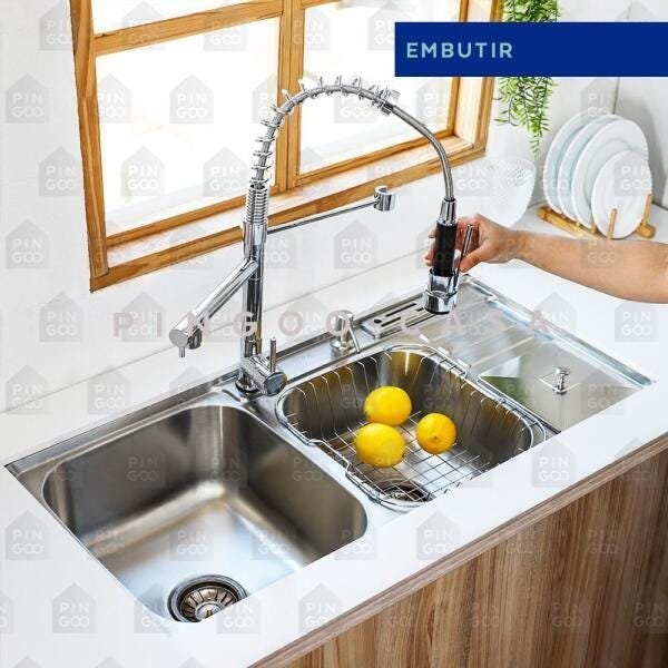 Cuba para cozinha pia dupla em aço inox com acessórios com lixeira Caiapós e Torneira Gourmet - 3