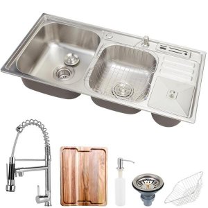 Cuba para cozinha pia dupla em aço inox Nukini com acessórios lixeira e tábua de corte e