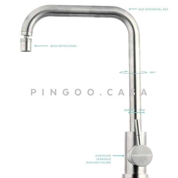 Torneira para cozinha Misturador Monocomando em Aço Inox Escovado Potengí Pingoo.casa - Prata - 3