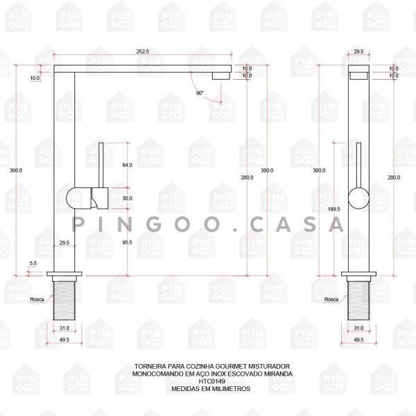 Torneira para cozinha Gourmet Misturador Monocomando em Aço inox Escovado Miranda Pingoo.casa - - 6