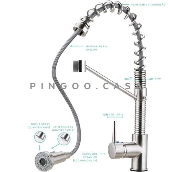 Torneira para cozinha Gourmet Misturador Monocomando Extensível em Aço inox Escovado Araguari - 4