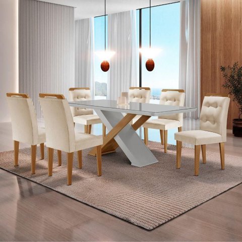 Mesa Sala de Jantar Carol 180cm e 6 Cadeiras Carol Moderna Veludo Creme/off White/imbuia
