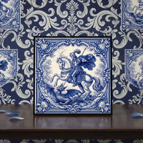 Quadro Estilo Azulejo São Jorge 33x33cm Mold Branca